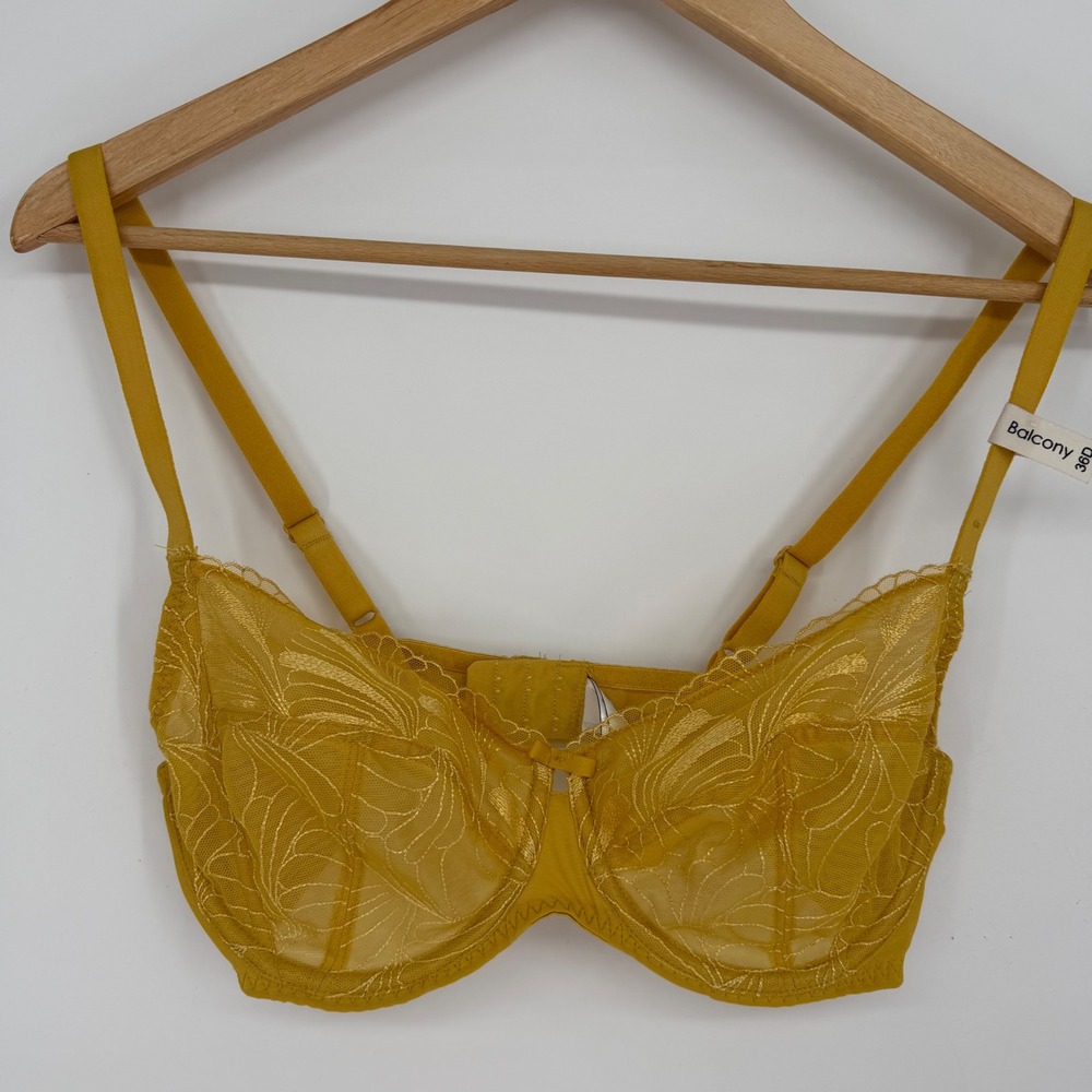 Balcony Bra Mustard Yellow Embroidered Mesh Balcony Bra Underwire 36D Feminine